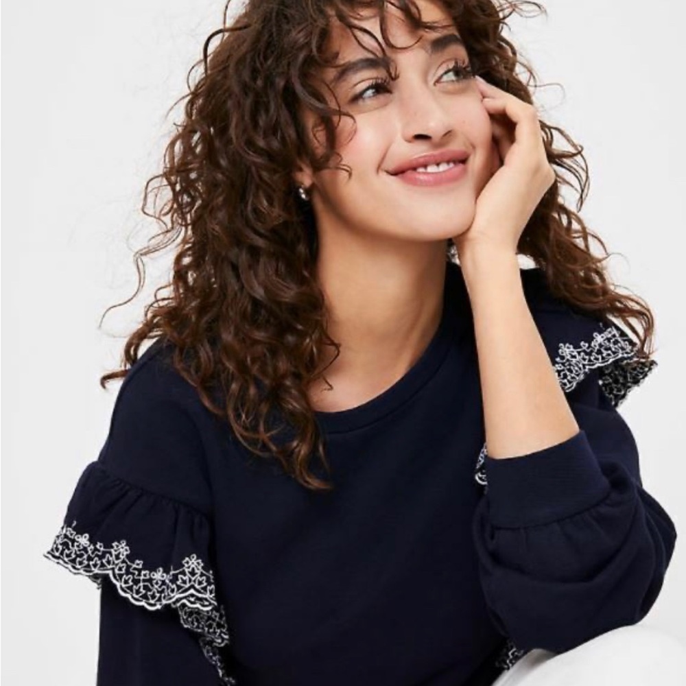 LOFT 100% Cotton Embroidered Ruffle Sleeve Sweatshirt - Forever Navy  Sz XS